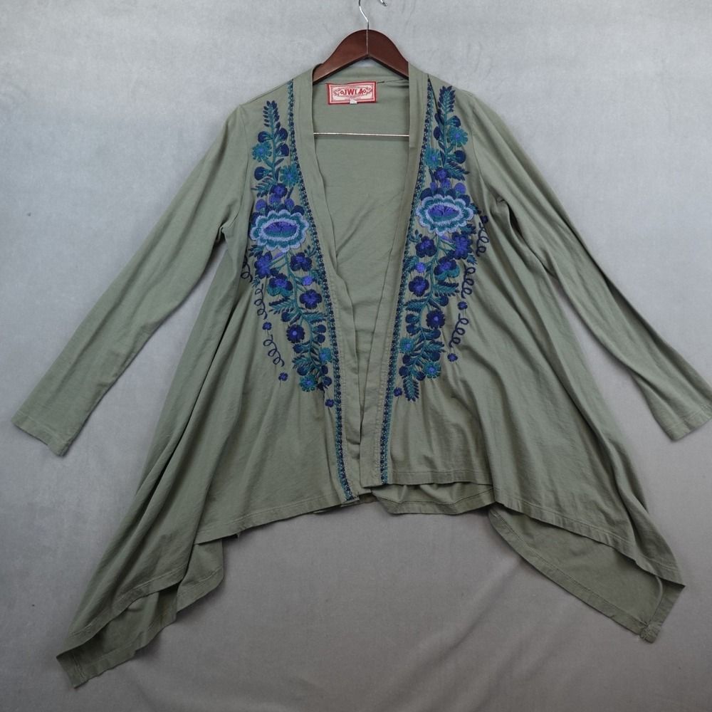 JWLA Johnny Was Cardigan Embroidered Floral Open Front Green Size Small